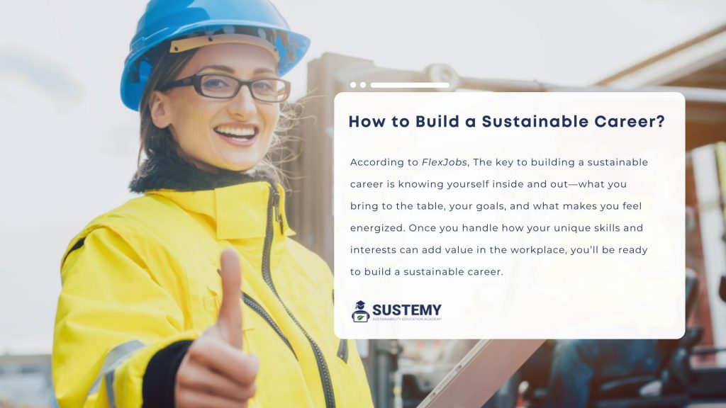 Sustainability officer giving a thumbs up overlaid with text on building a sustainable career